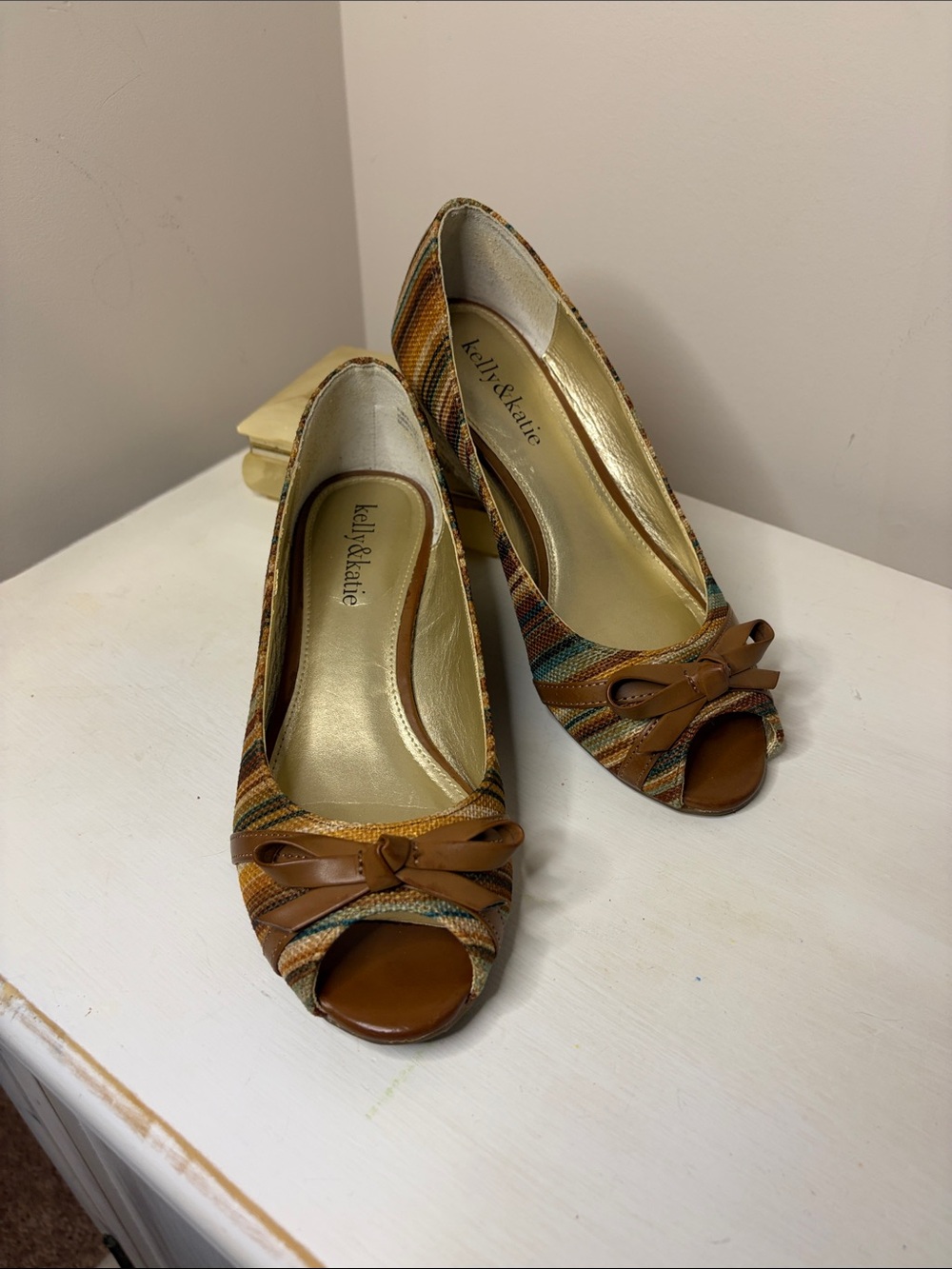 Kelly & Katie Tan and Multi-Color Woven Peep Toe Heels